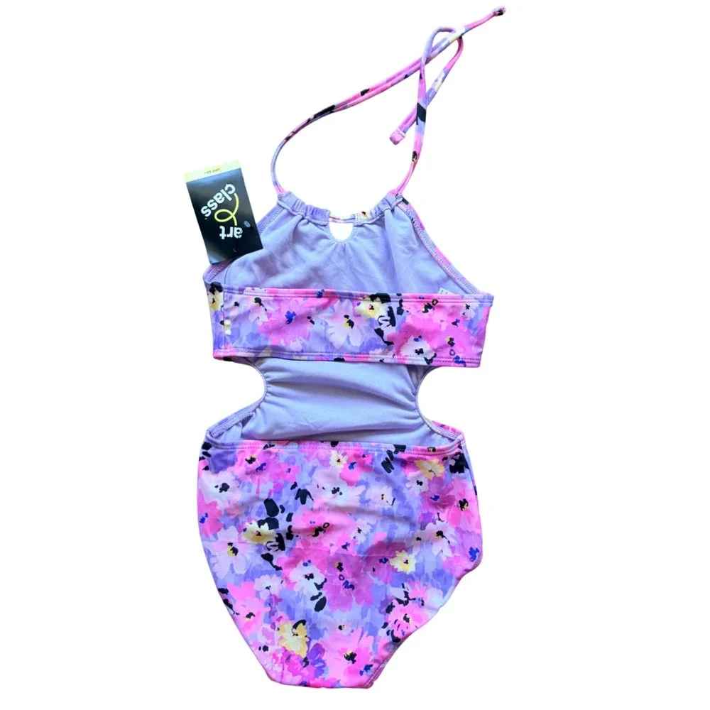 Art Class Floral Halter Cutout 1pc Swim Bathing Suit Girl Small 6/7 NEW NWT